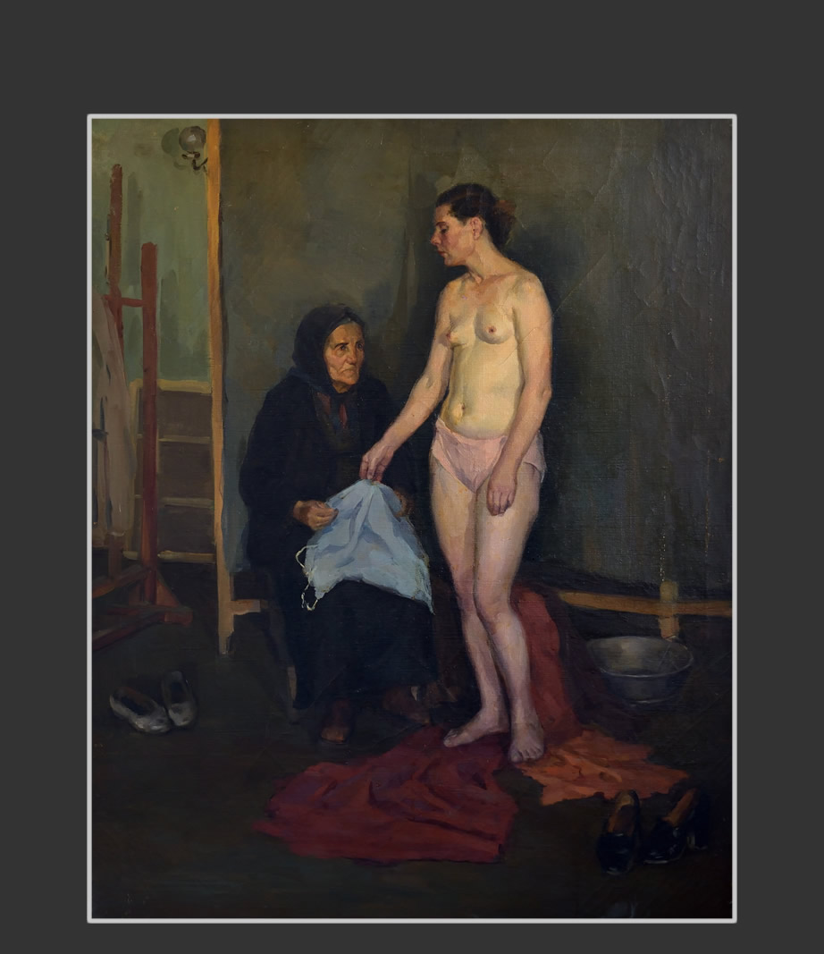 Standing nude female model and old woman90 x 73 cm, Oil on Canvas, 1951