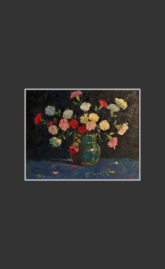 Carnations in a vase36 x 45 cm, Oil on Canvas, Palette Knife, 1977