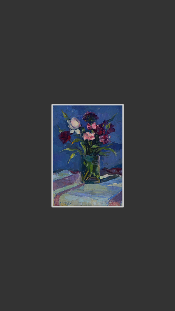 Flowers in a glass (reproduction from older work)35 x 25 cm, Oil on Canvas, Palette Knife, 1978